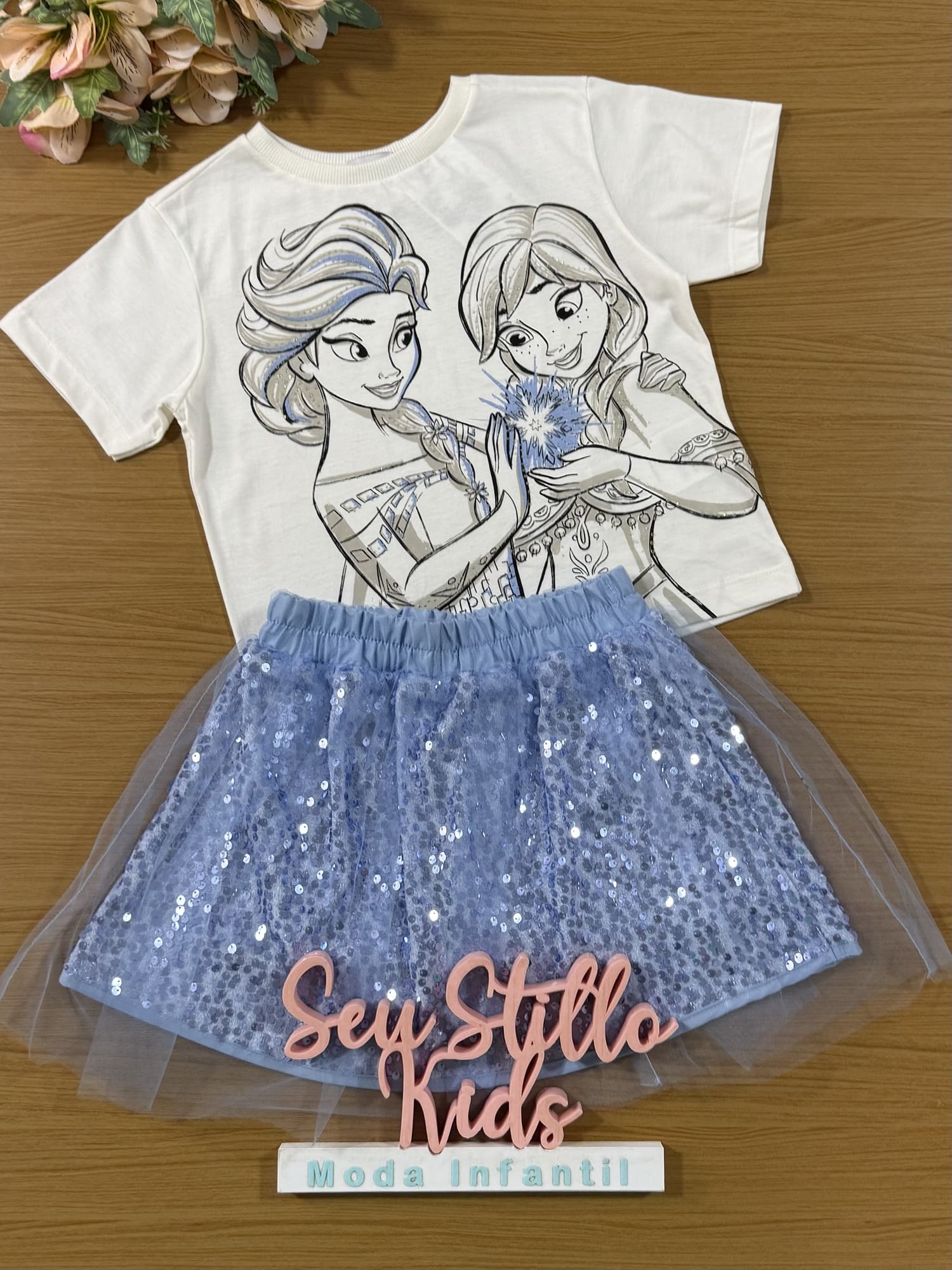 Conjunto Infantil Momi Inverno com Saia e Blusa Azul Frozen Disney