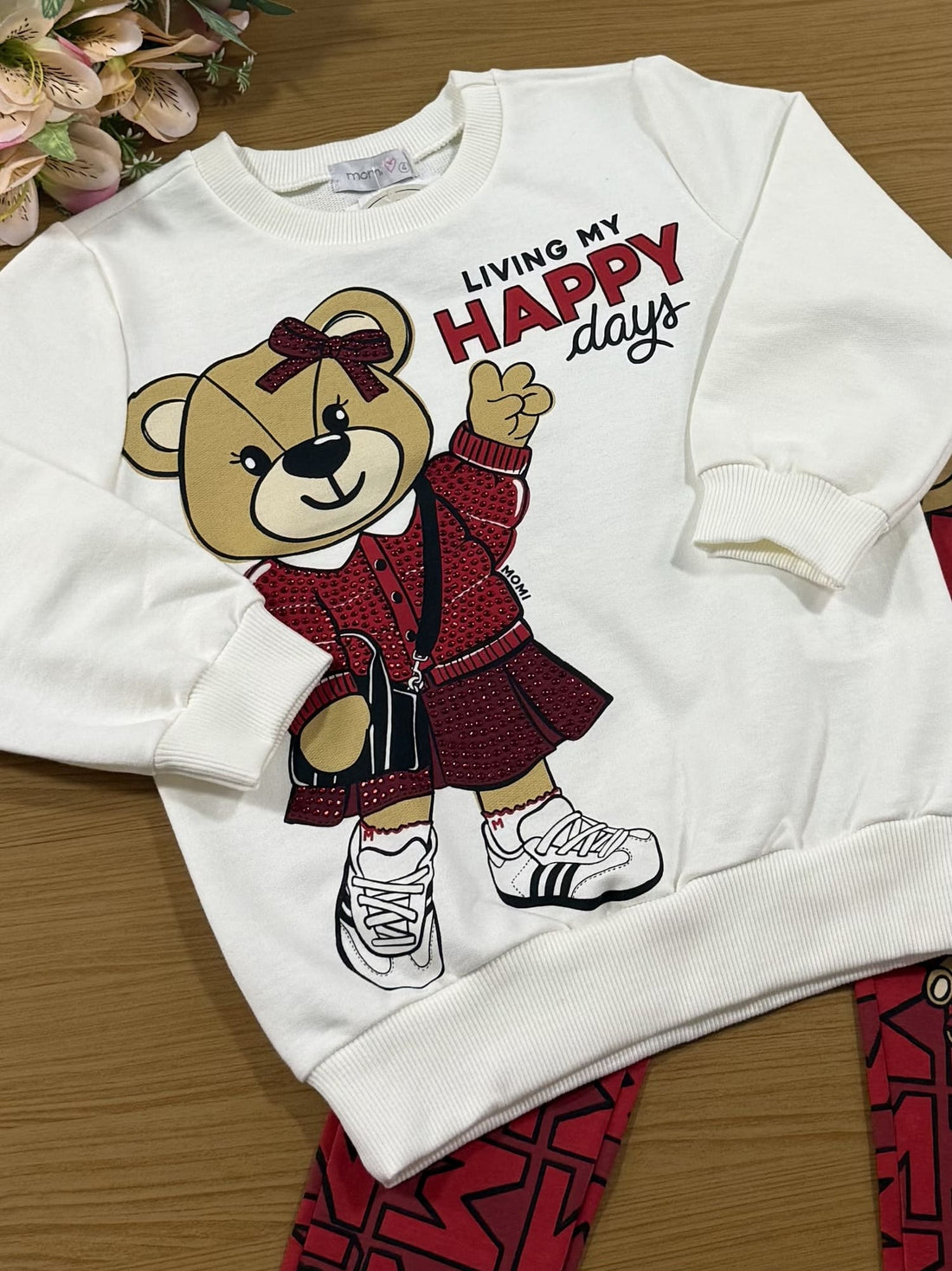 Conjunto Infantil Momi Inverno com Calça e Casaco Branco Ursinha Happy com Strass