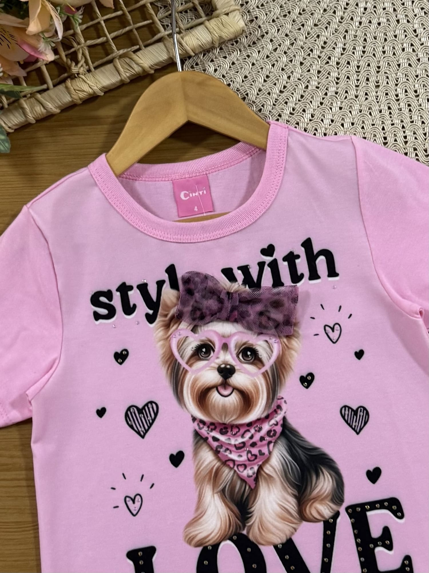 Blusa Infantil Cinti Verão com Laço Rosa Cachorrinha
