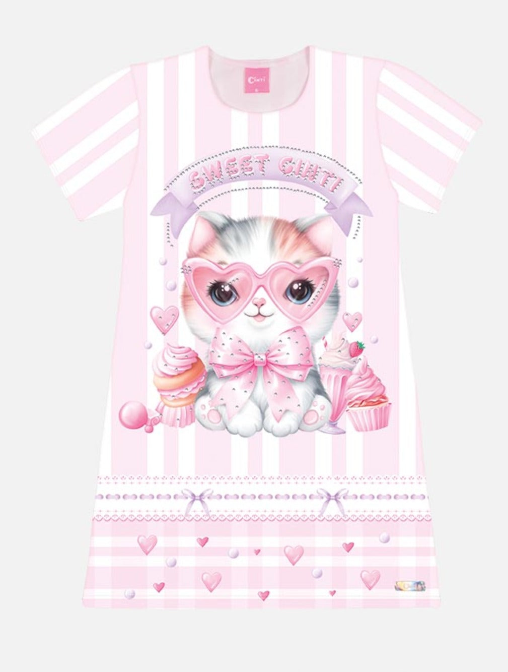 Vestido Infantil Cinti Verão Rosa Listrado Gatinha