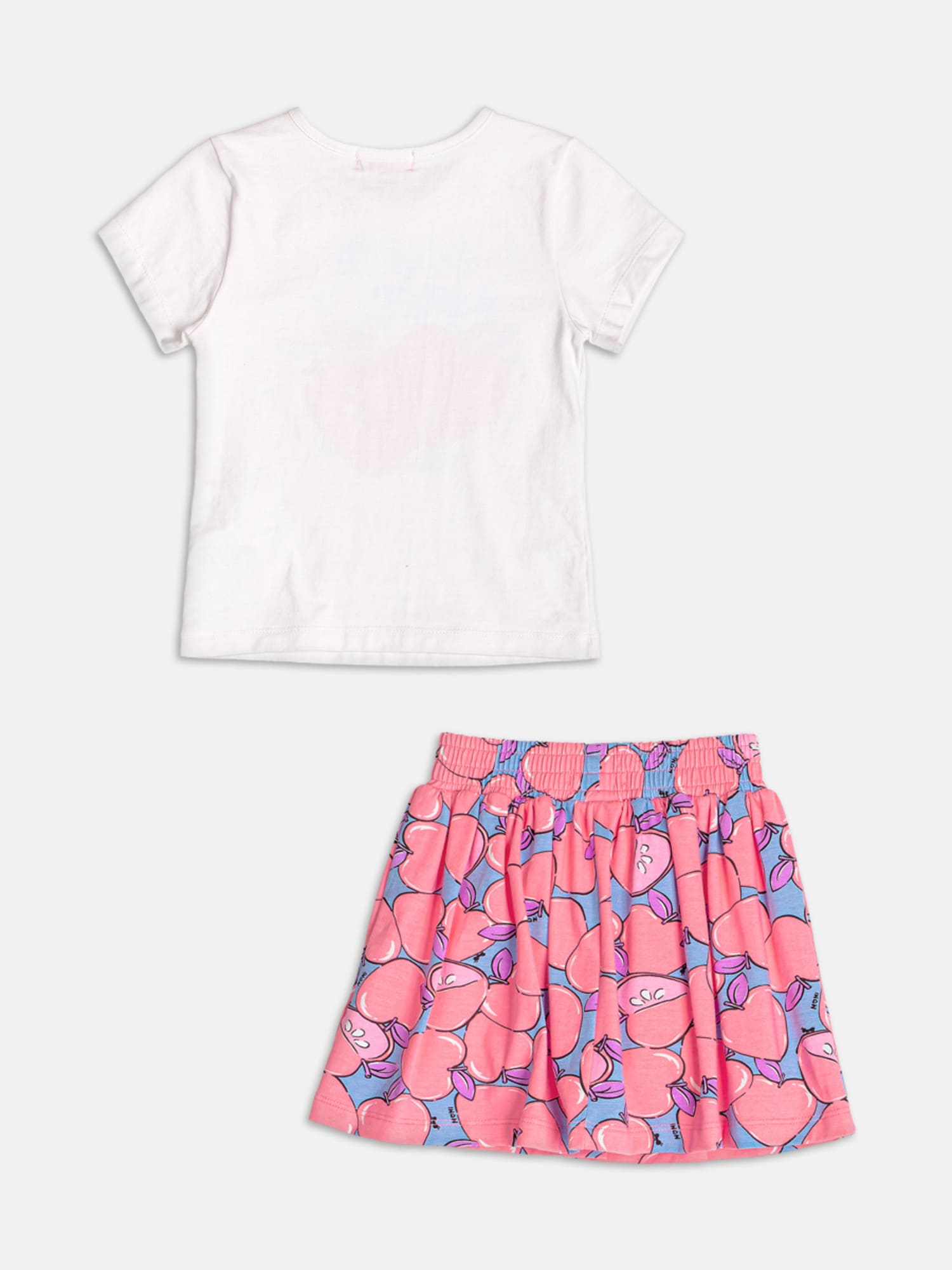 Conjunto Infantil Momi Verão com Saia Azul e Blusa Branca Frutinha