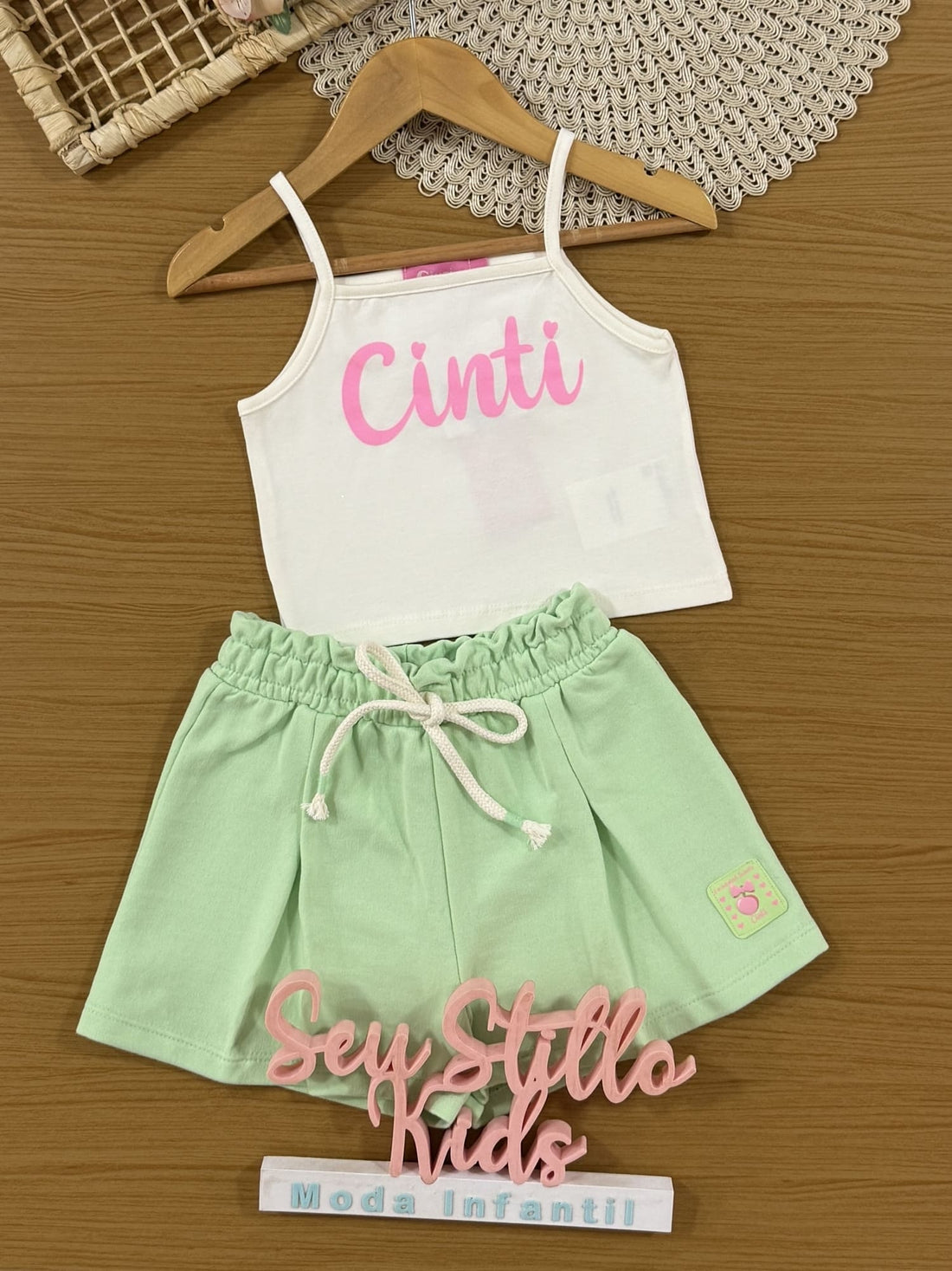 Conjunto Infantil Cinti Verão Shorts Verde, Blusa e Kimono Docinhos