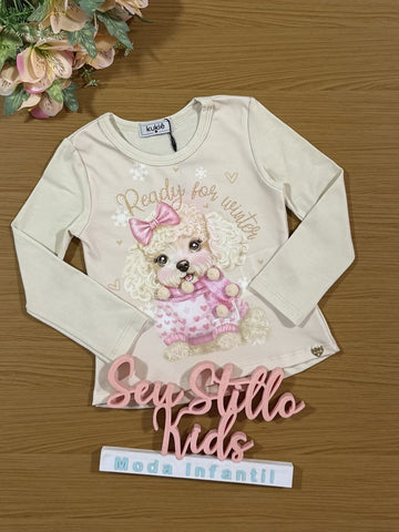 Blusa Infantil Kukiê Inverno Bege Cachorrinha com Strass