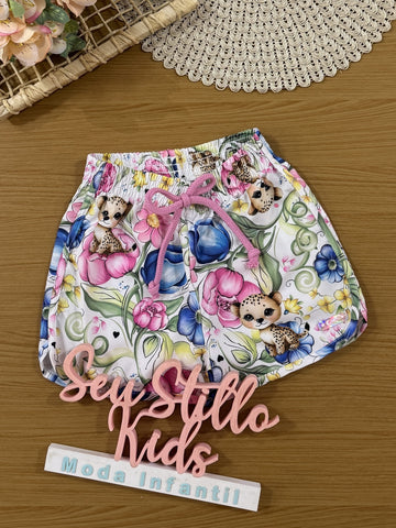 Shorts Infantil Cinti Verão Branco Oncinha Floral