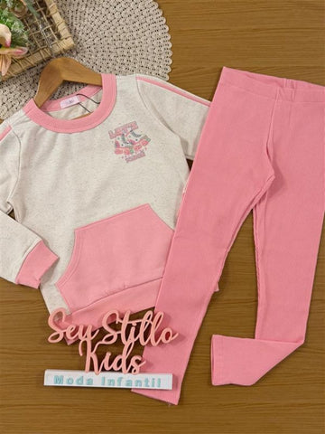 Conjunto Infantil Kukiê Inverno com Calça Legging Rosa e Moletom sem Flanela Patins