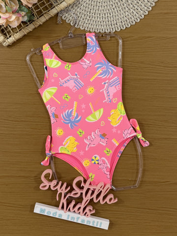 Maiô Infantil Cinti Verão Rosa Animais na Praia
