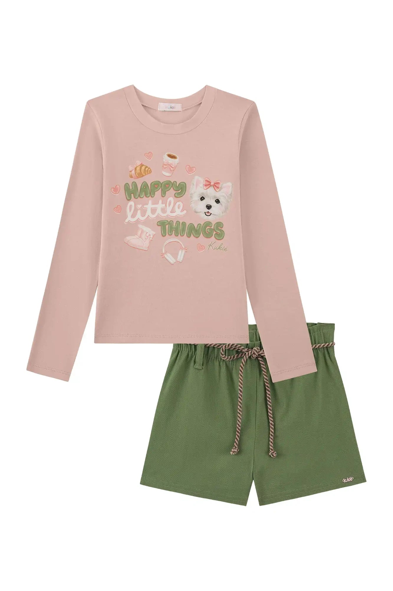 Conjunto Infantil Kukiê Invenro com Shorts Verde e Blusa Manga Longa Happy