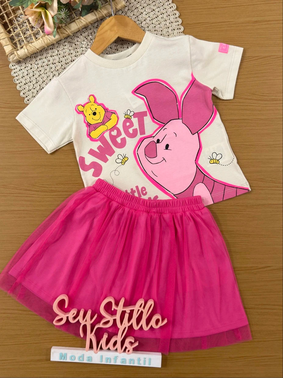 Conjunto Infantil Bimbi Inveno com Saia Rosa e Blusa Manga Curta Pooh e Leitão Disney