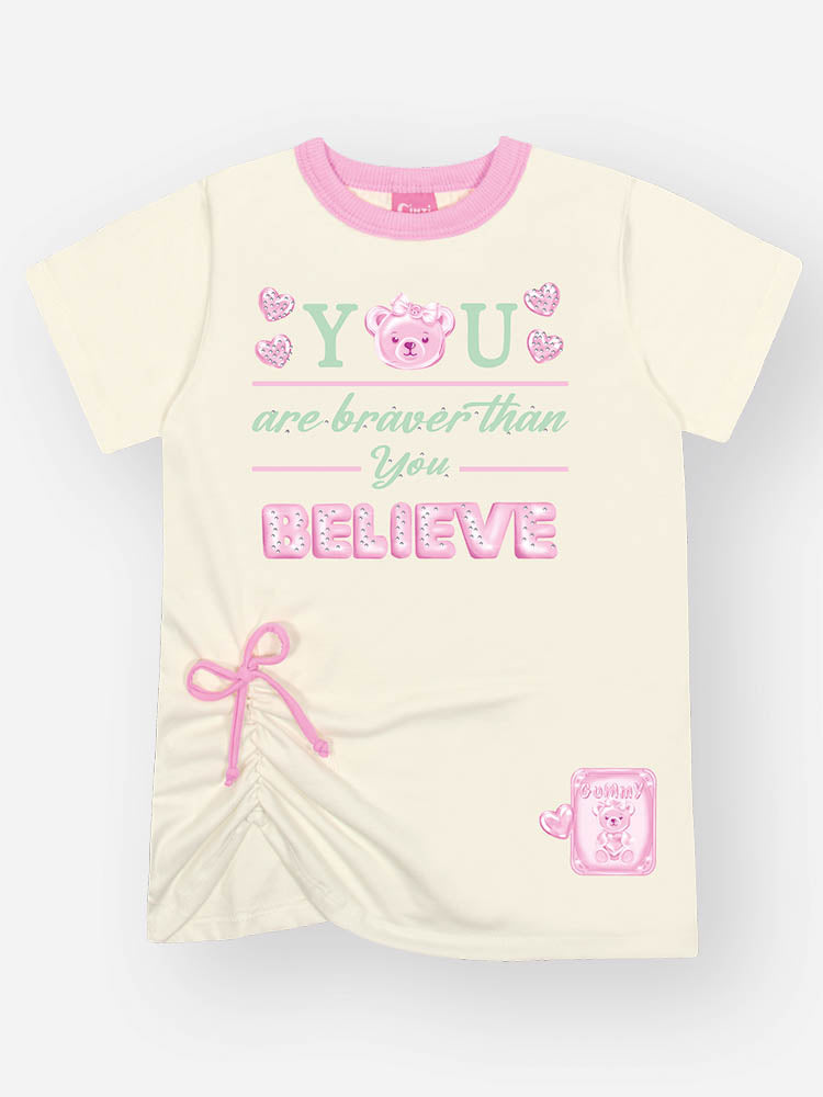 Conjunto Infantil Cinti Verão com Shorts Ciclista Rosa e Blusa Branca Ursinha Believe