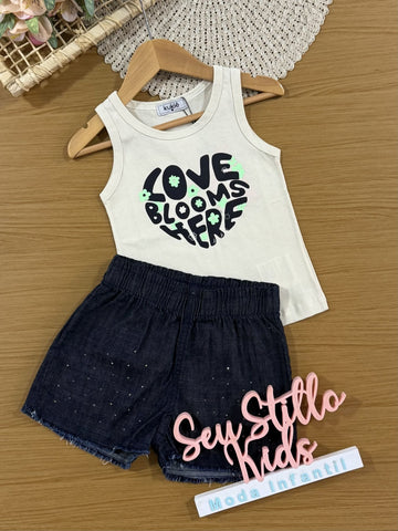 Conjunto Infantil Kukiê com Shorts Jeans e Regata Love