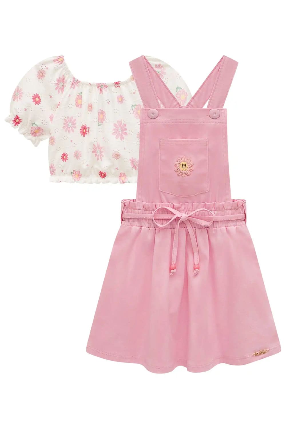Salopete Infantil Kukie Verão Rosa com Blusa Branca Floral