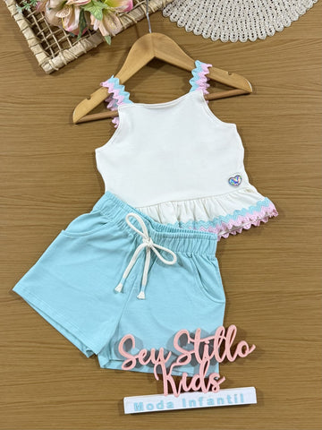 Conjunto Infantil Cinti Verão com Shorts Azul e Cropped Branco