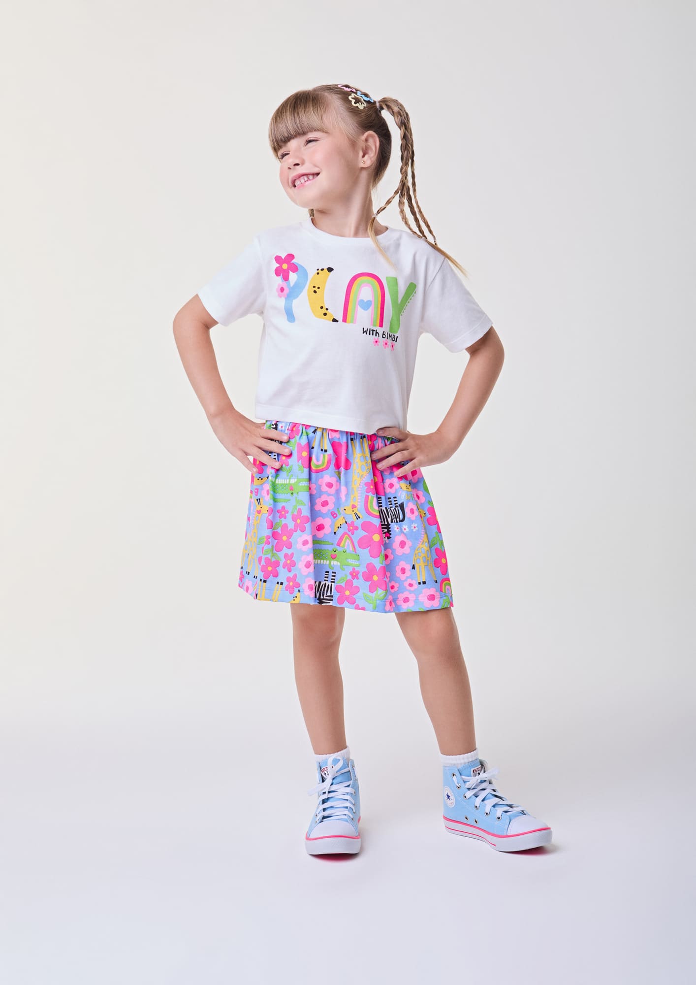 Conjunto Infantil Bimbi Verão com Saia Azul e Blusa Branca Play
