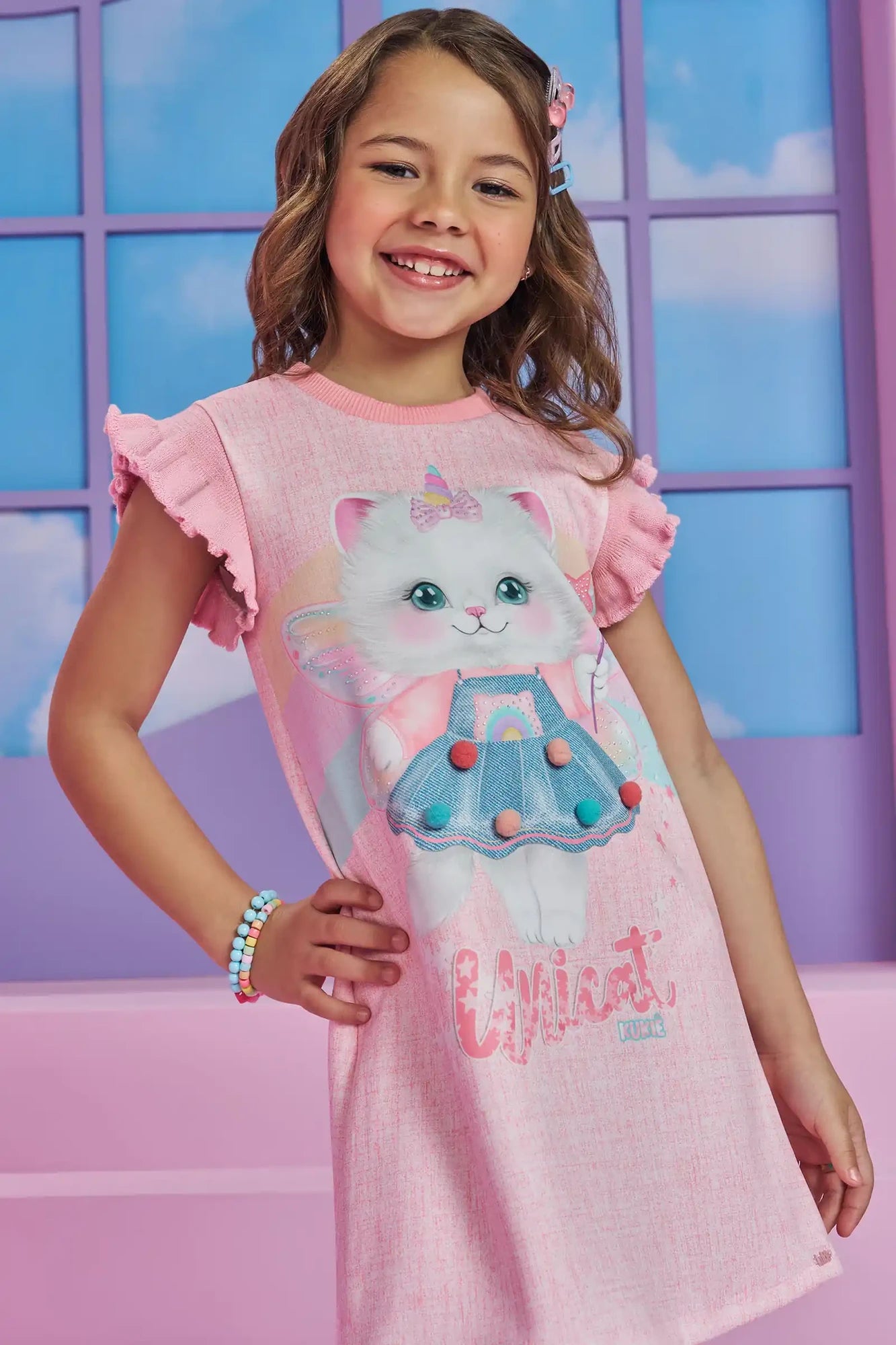 Vestido Infantil Kukiê Inverno Rosa Gatinha Fadinha