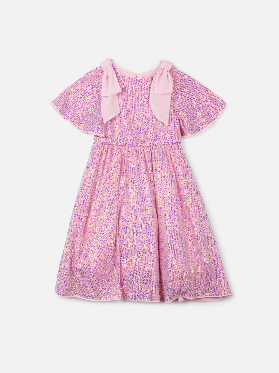 Vestido Infantil Animê Verão Tule Rosa com Paetê