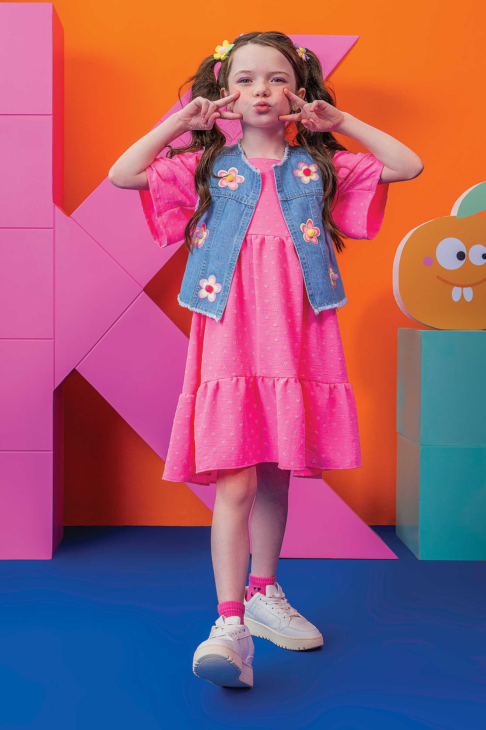 Vestido Infantil Kukie Verão Rosa Com Colete Jeans Flor