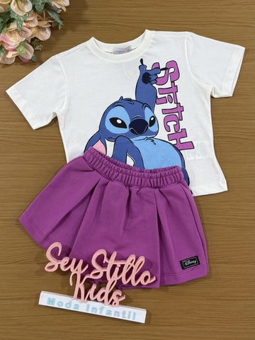 Conjunto Infantil Momi com Shorts Saia e Blusa Branca Stitch