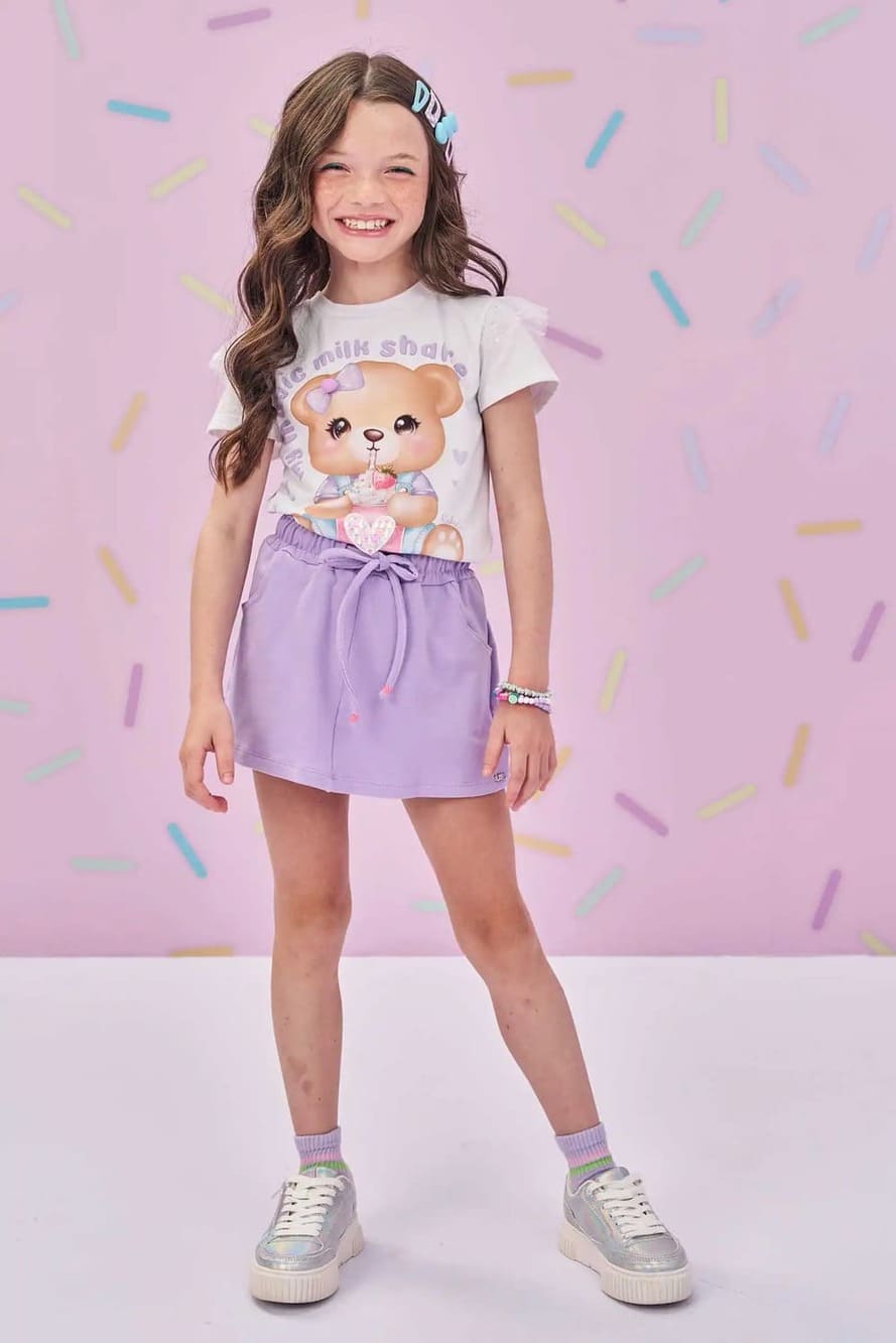 Conjunto Infantil Kukie Verão Shorts Saia e Blusa Branca Ursinha