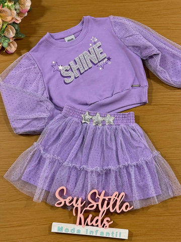 Conjunto Infantil Catavento Inverno Saia Tule e Moletom Lilás Shine