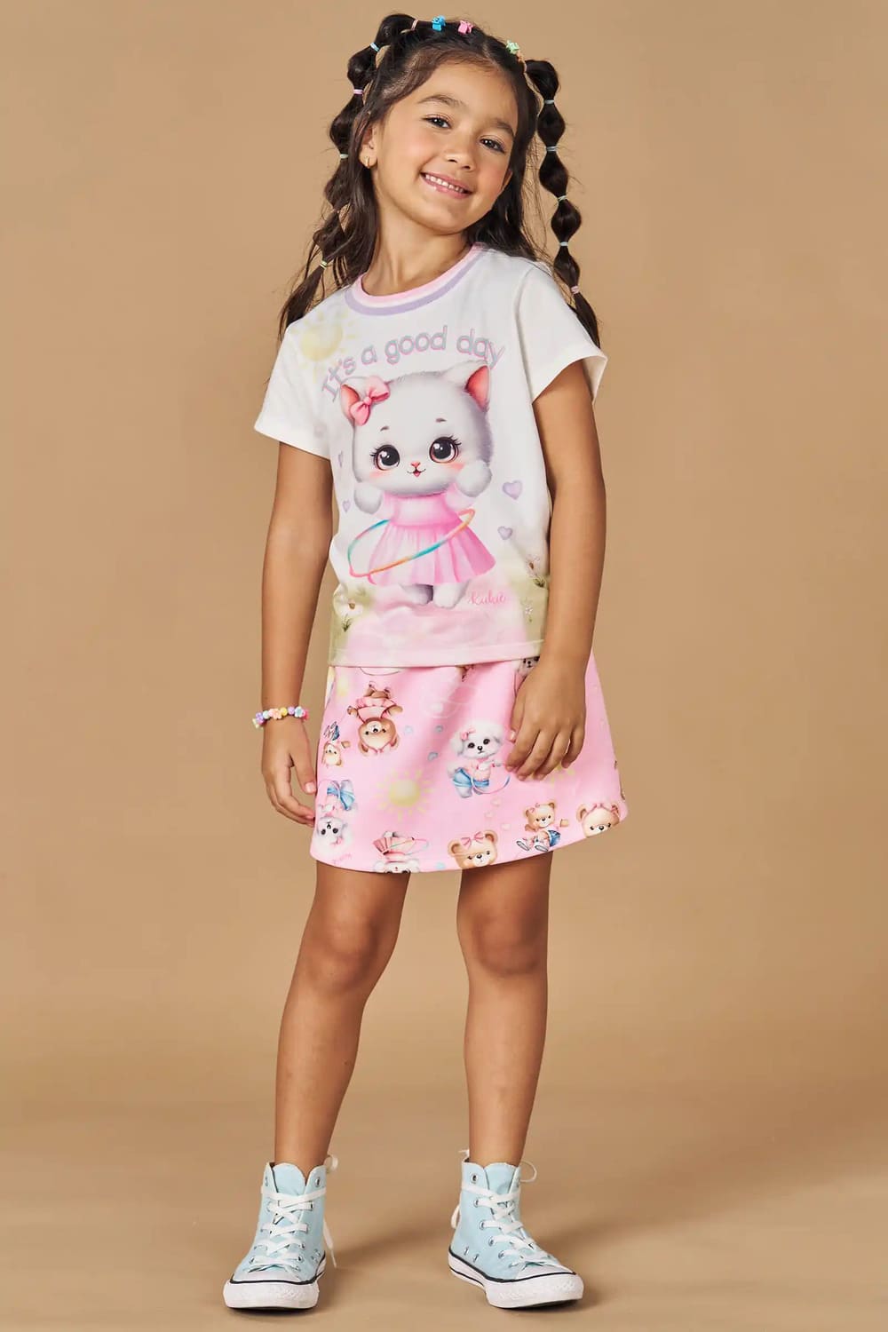 Conjunto Infantil Kukie Verão Shorts Saia e Blusa Gatinha