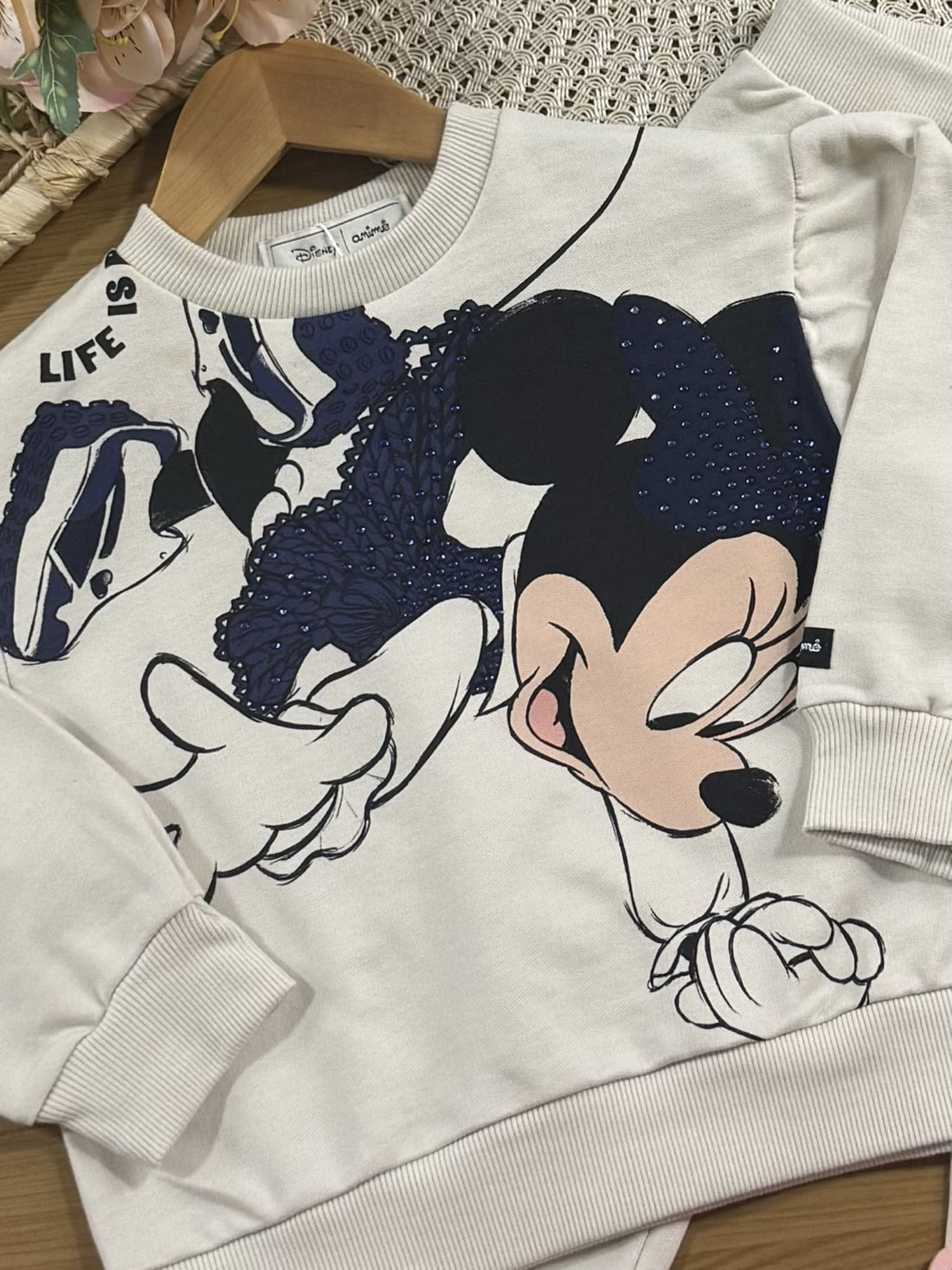 Conjunto Infantil Animê Inverno com Calça e Moletom sem Flanela Bege Minnie Disney