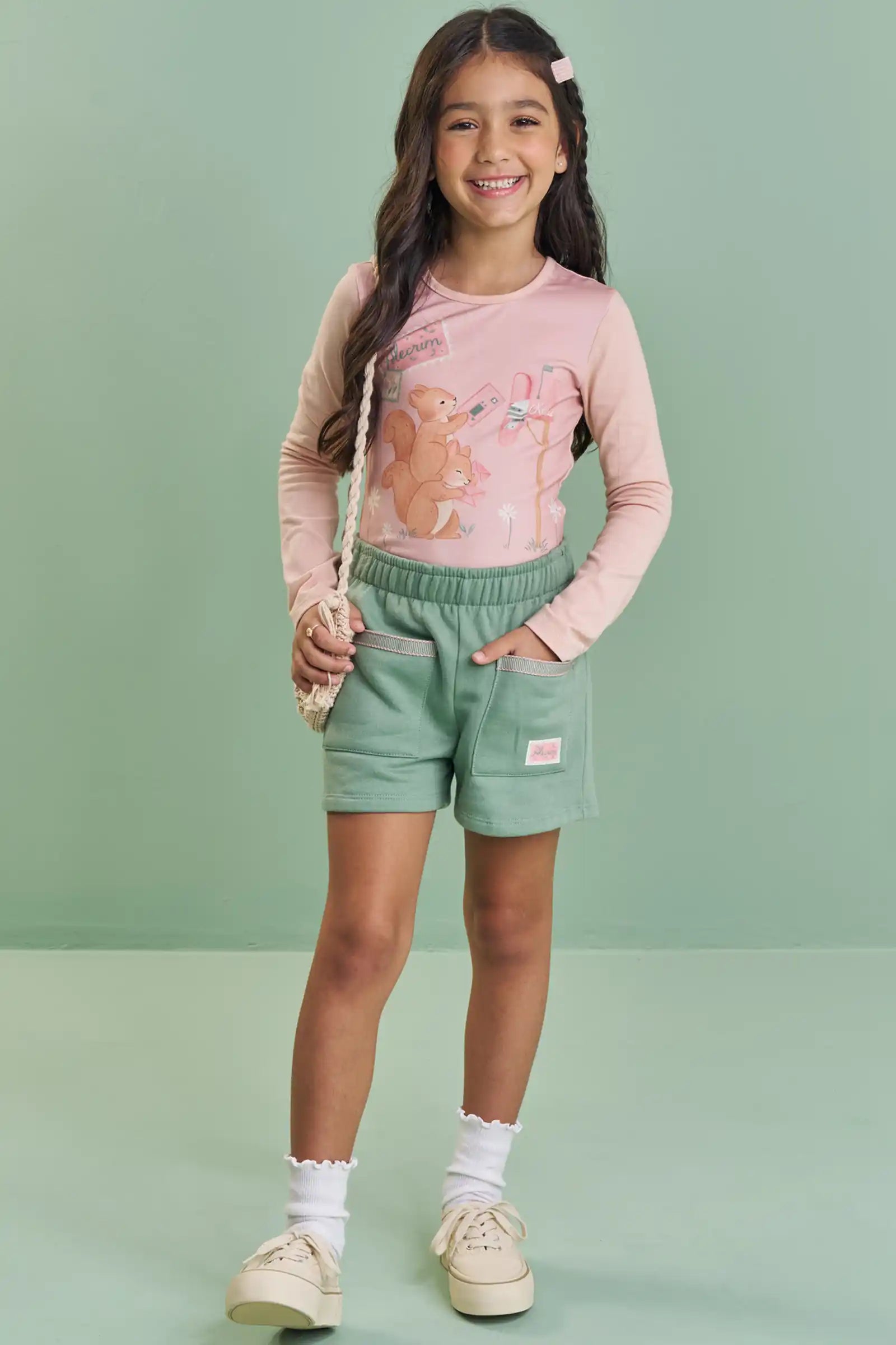 Conjunto Infantil Kukiê Inverno com Shorts Verde e Blusa Manga Longa Esquilinhos