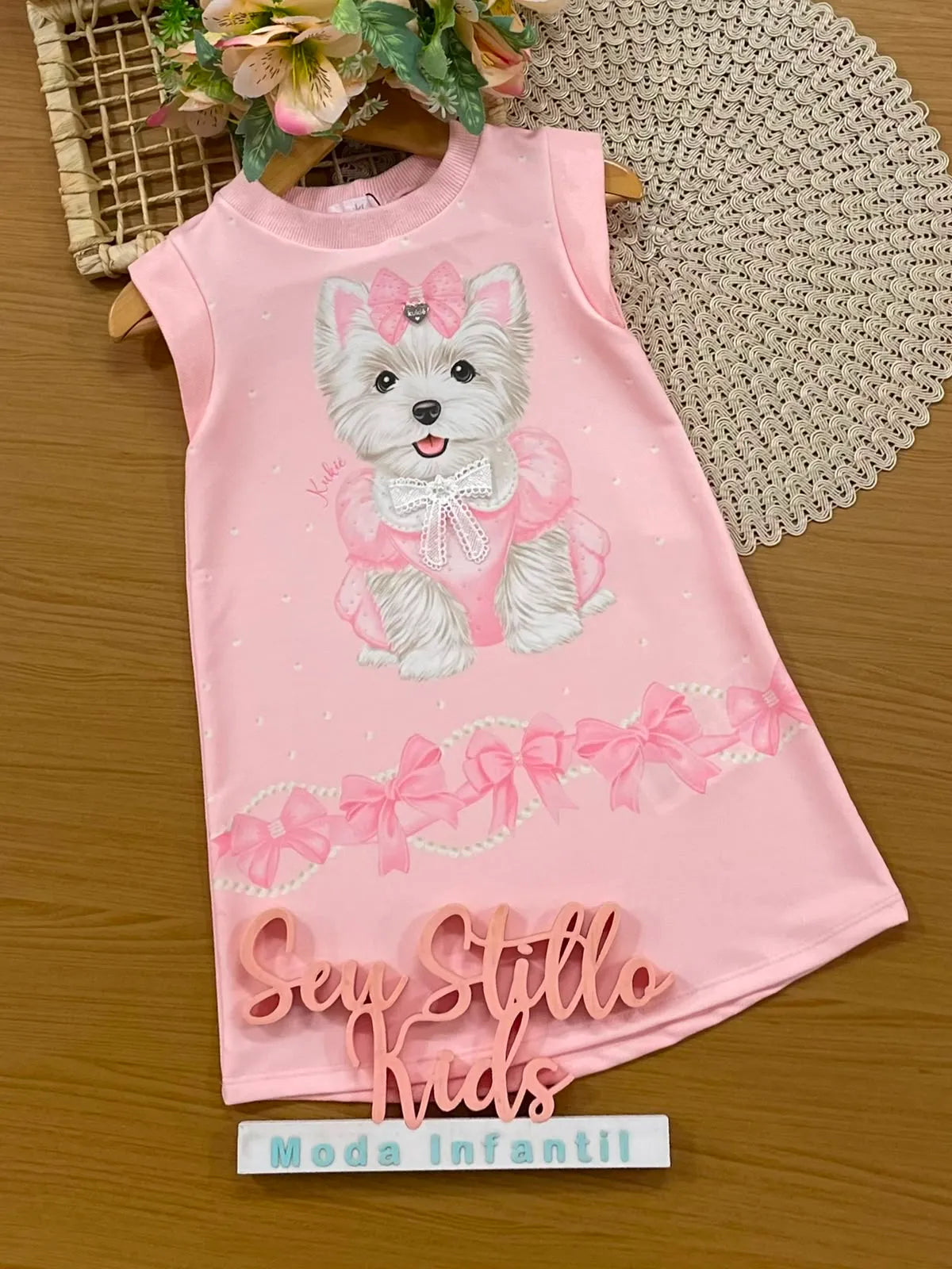 Vestido Infantil Kukiê Rosa Cachorrinha com Lacinho