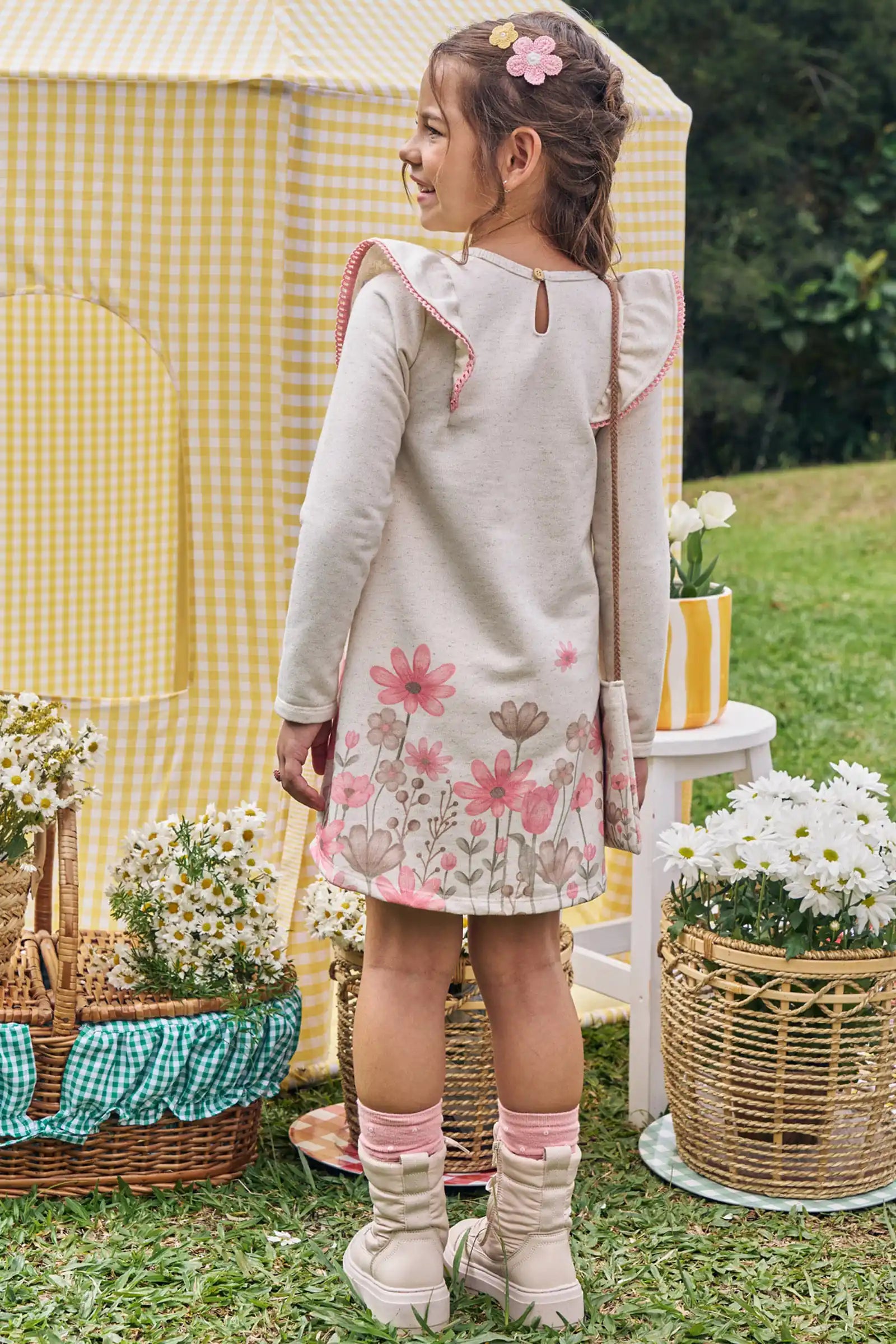 Vestido Infantil Kukiê Inverno Off White Flower com Bolsinha