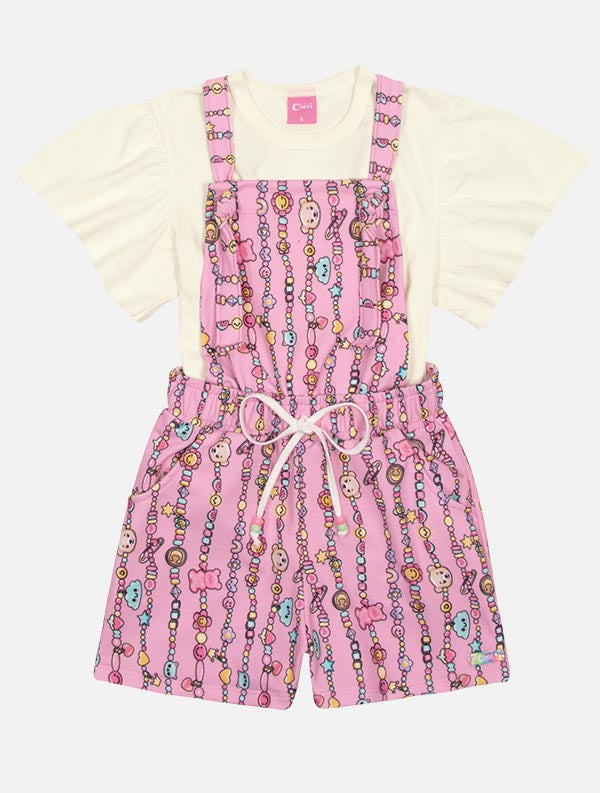 Jardineira Infantil Cinti Verão Rosa e Blusa Off White