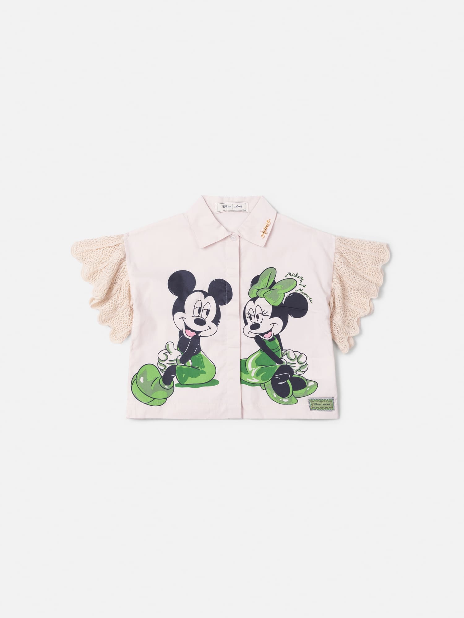 Camisa Infantil Animê Verão Bege com Tricot Minnie e Mickey Disney