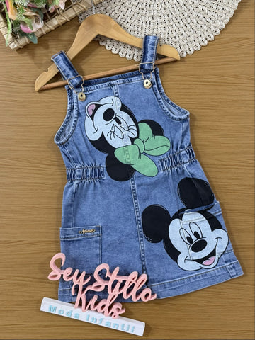 Jardineira Infantil Animê Verão Jeans Minnie e Mickey Disney