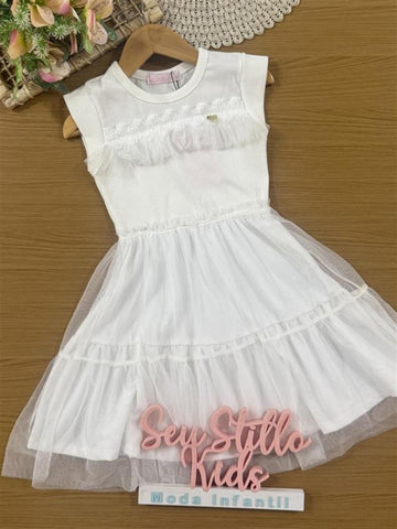 Vestido Infantil Kukiê Verão Off White em Tule