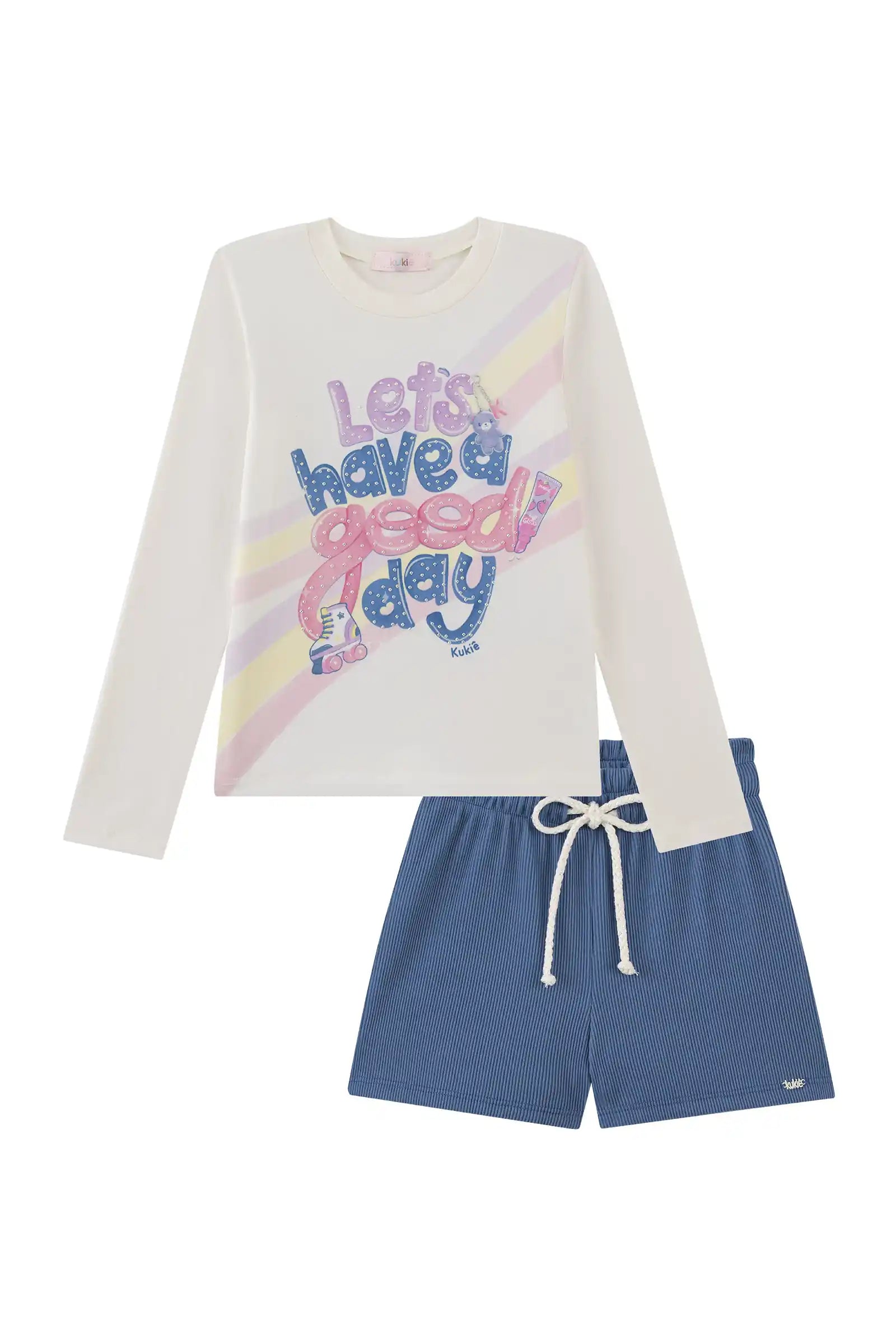 Conjunto Infantil Kukiê Inverno com Shorts Azul e Blusa Manga Longa Good Day