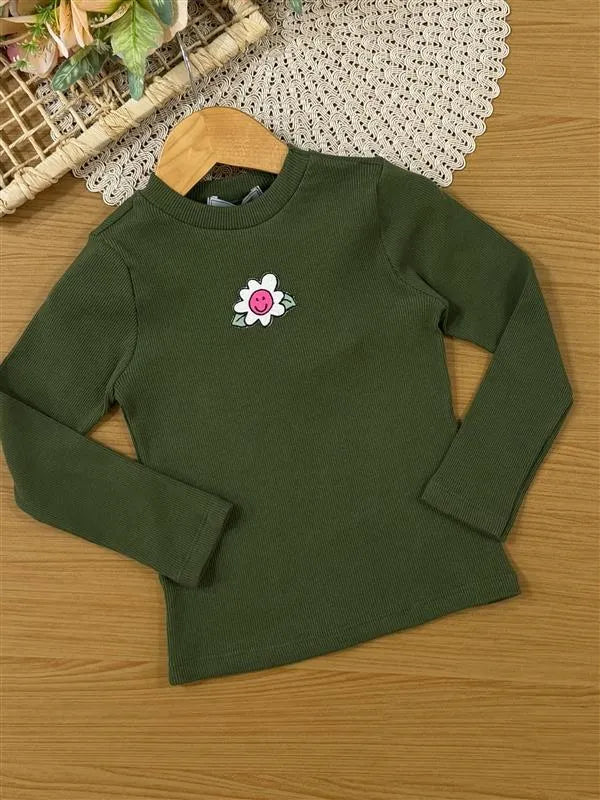 Conjunto Infantil Bimbi Inverno com Saia e Blusa Manga Longa Verde Flores