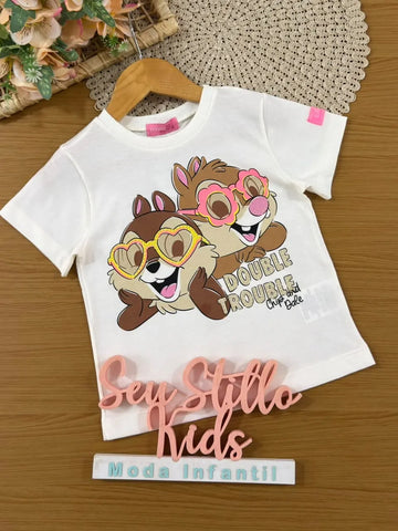 Blusa Infantil Menina Momi Branca Tico e Teco Strass Disney