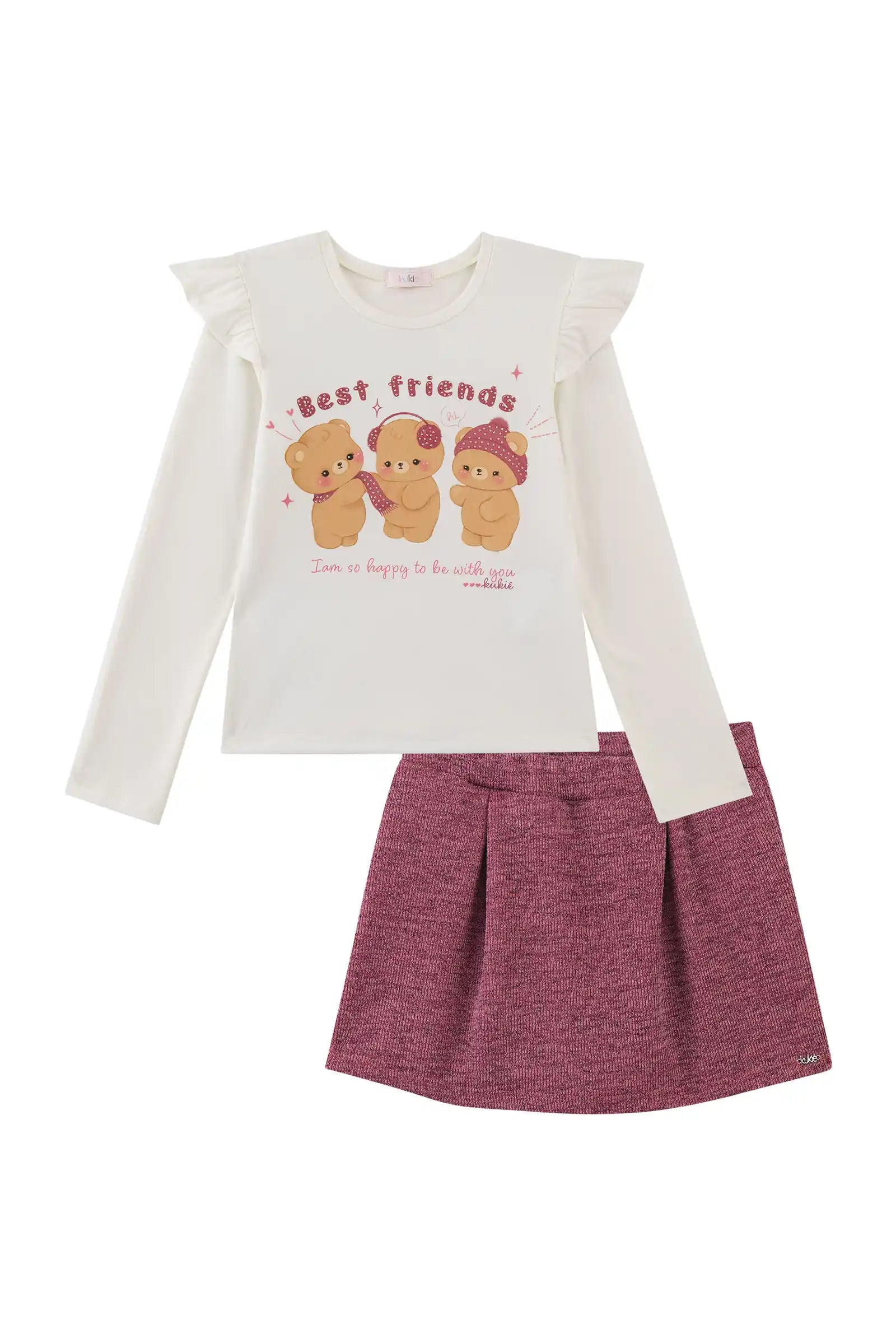 Conjunto Infantil Kukiê Inverno com Shorts Saia Rosa e Blusa Manga Longa Ursinha Best Friends