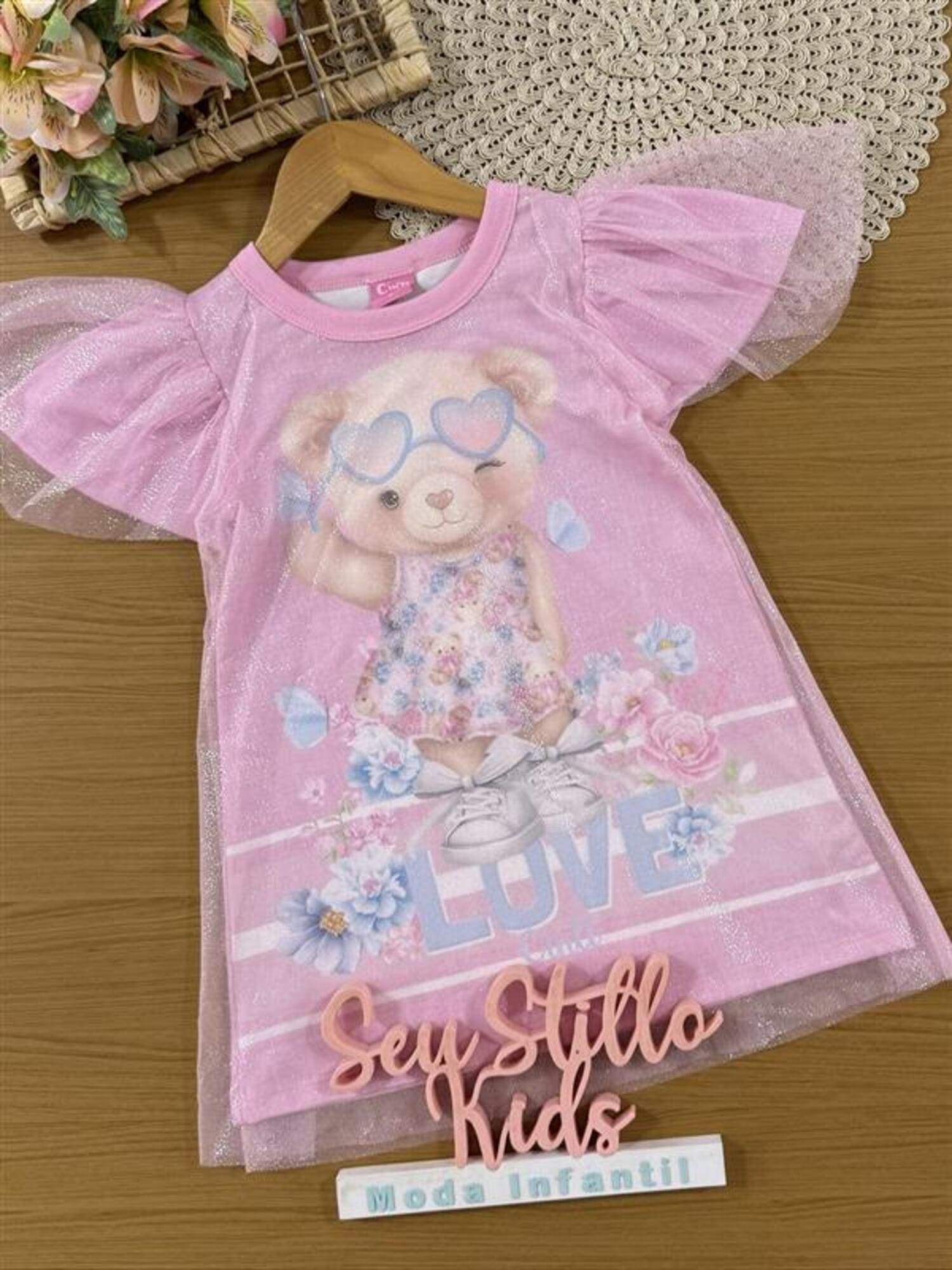 Vestido Infantil Cinti Verão com Sobreposição em Tule Rosa Ursinha Love