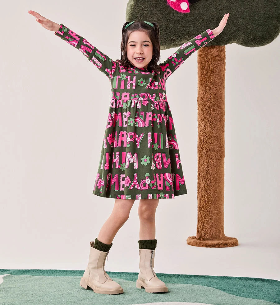 Vestido Infantil Bimbi Inverno Verde Lettering Florzinha