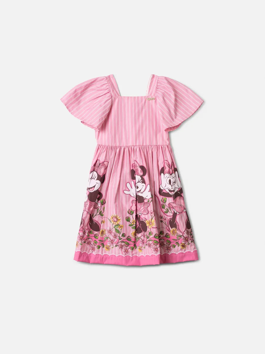 Vestido Infantil Animê Listrado Rosa Minnie Flores Disney
