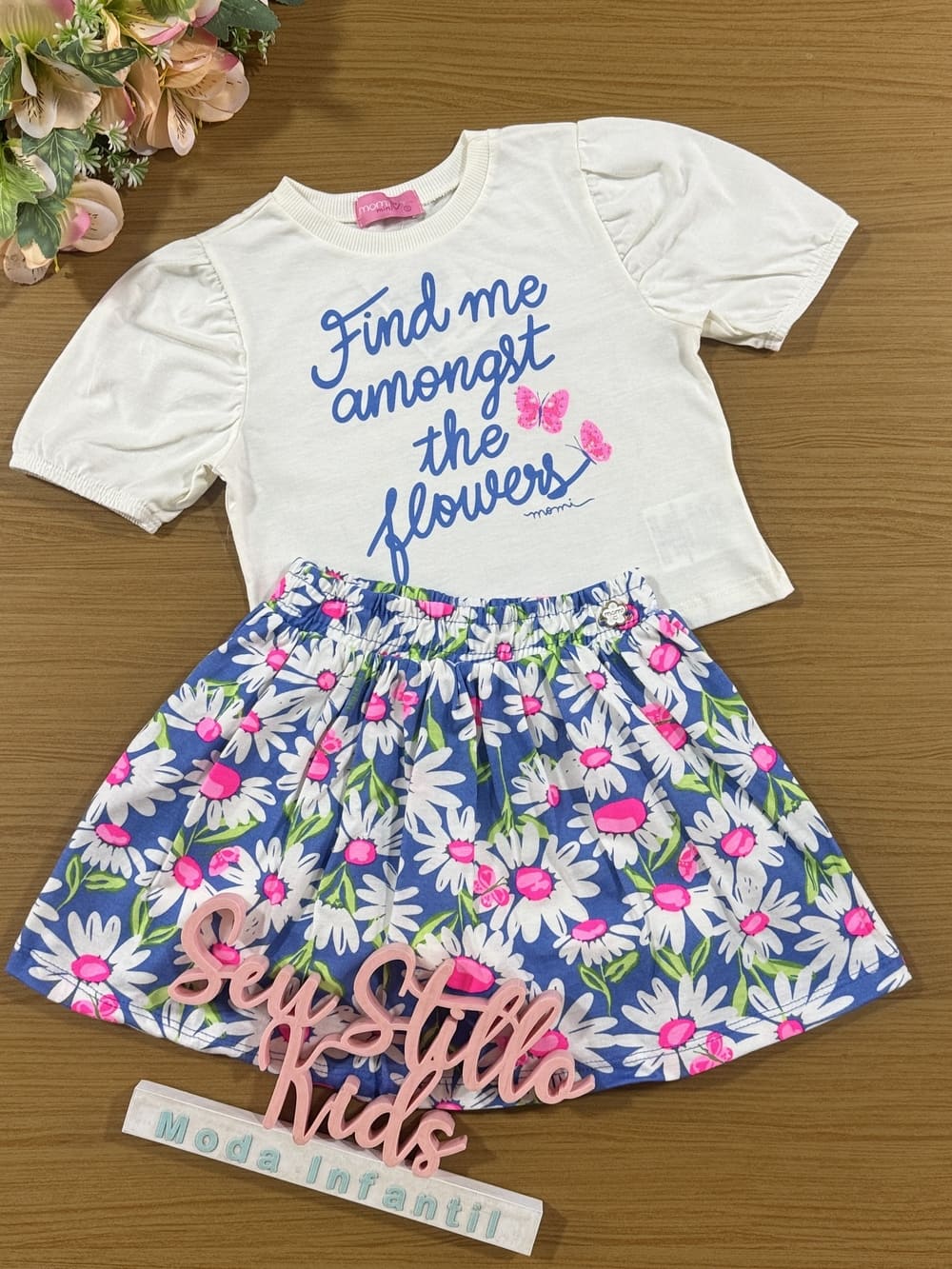 Conjunto Infantil Momi Verão Saia Floral e Blusa Flowers