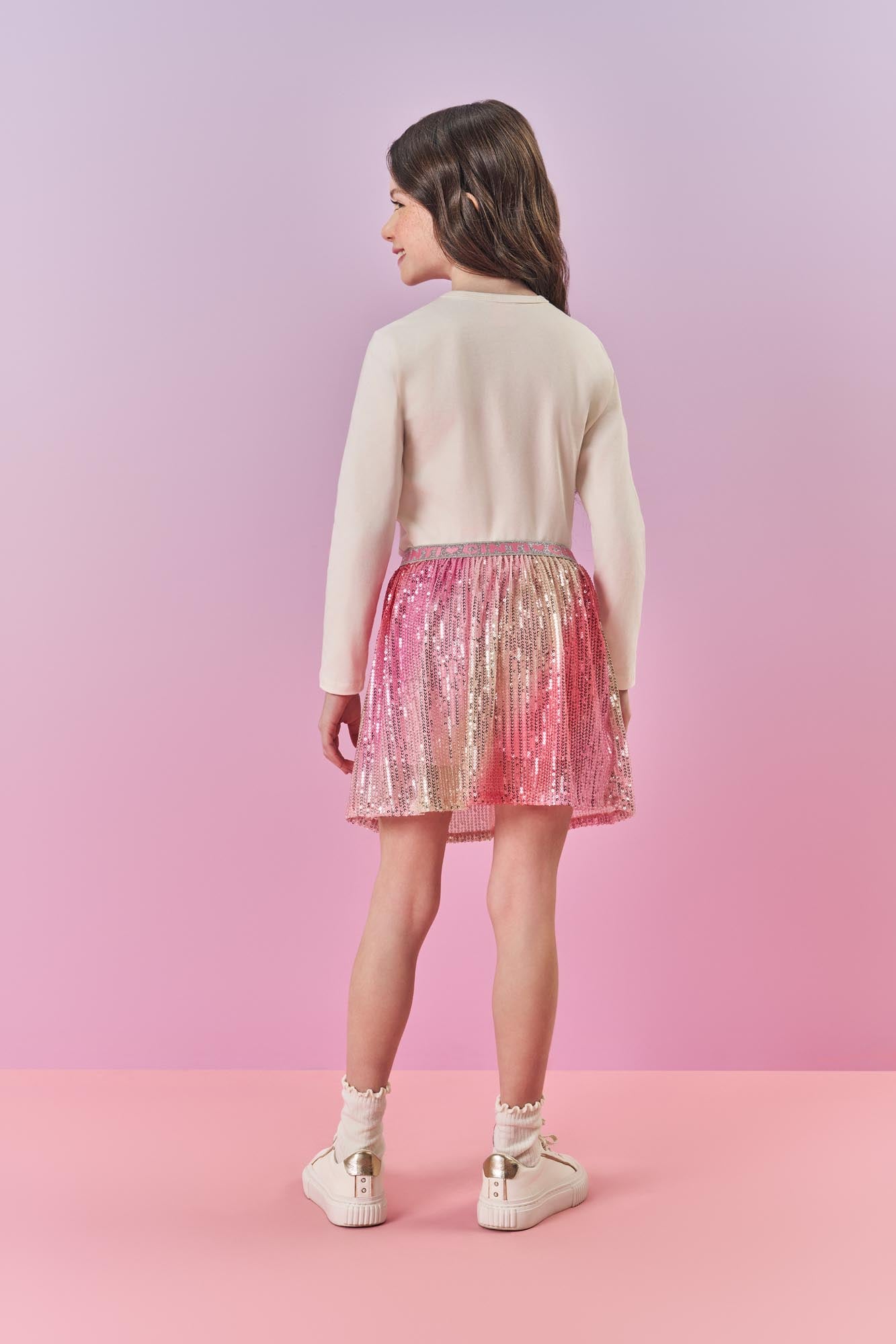 Conjunto Infantil Cinti Inverno com Short Saia Paetê e Blusa Branca Unicórnio