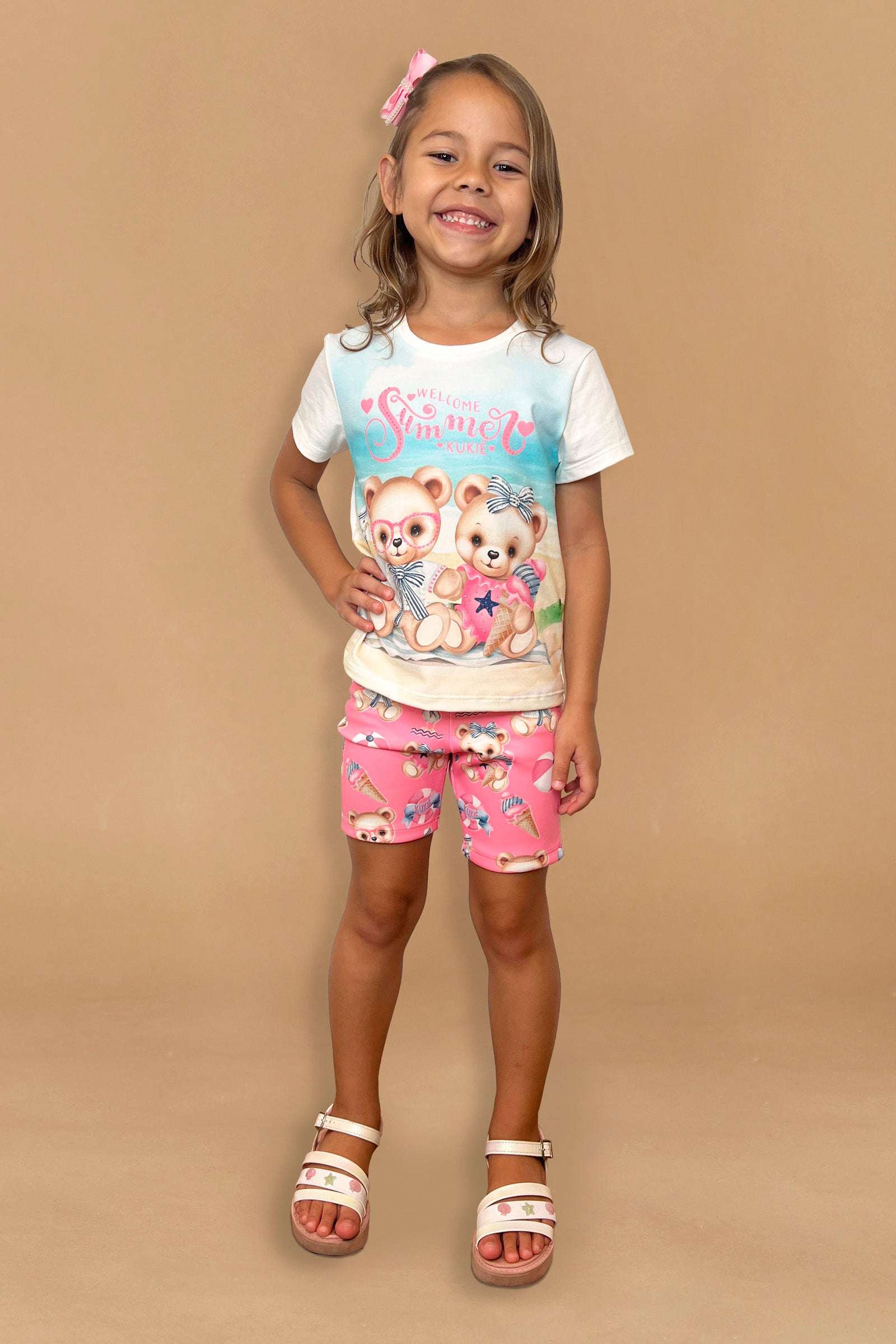 Shorts Infantil Kukie Verão Ciclista Rosa Ursinha