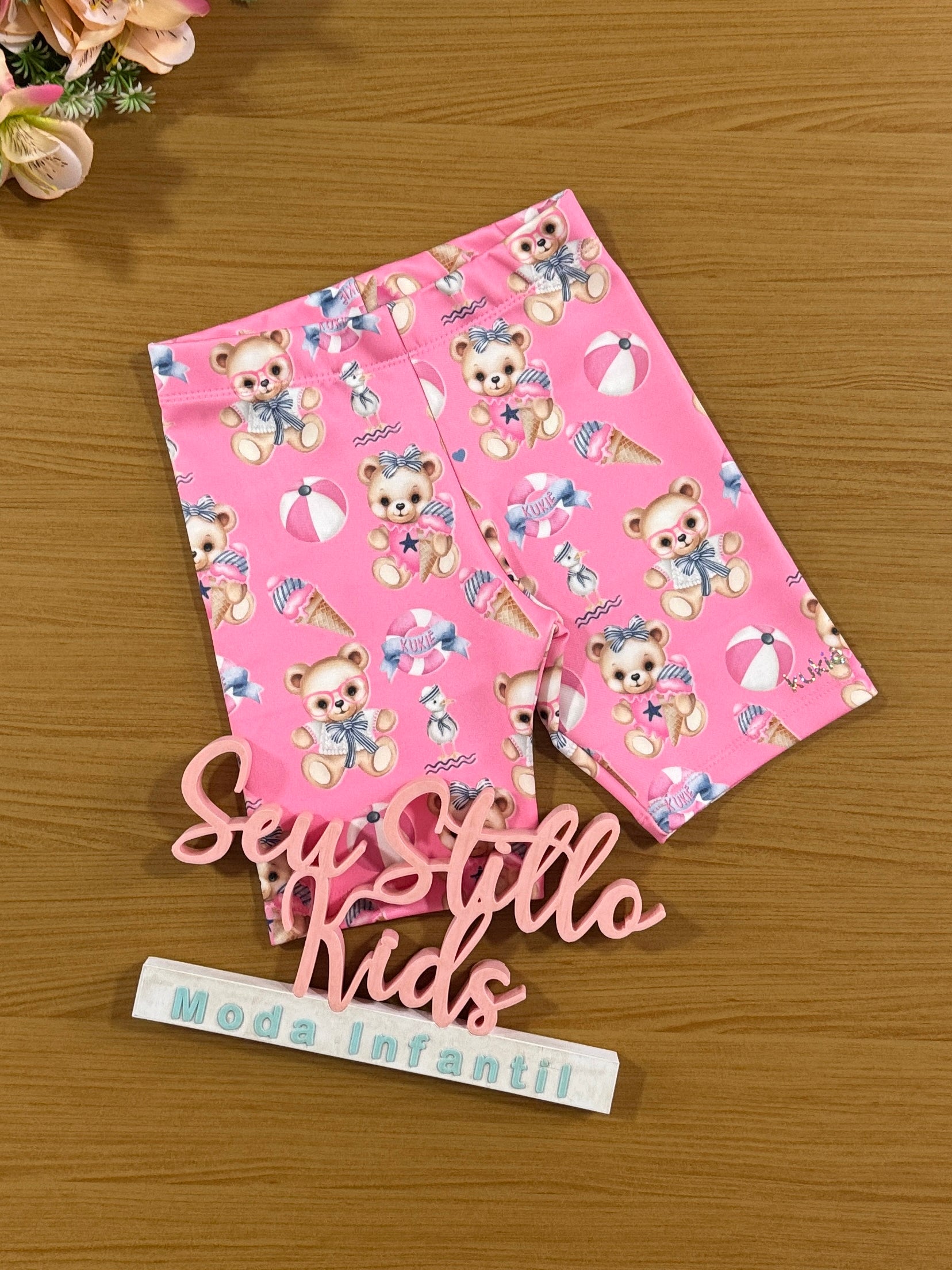 Shorts Infantil Kukie Verão Ciclista Rosa Ursinha