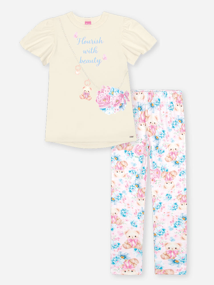 Conjunto Infantil Cinti Verão Calça Legging Rosa e Blusa Branca Flores com Strass