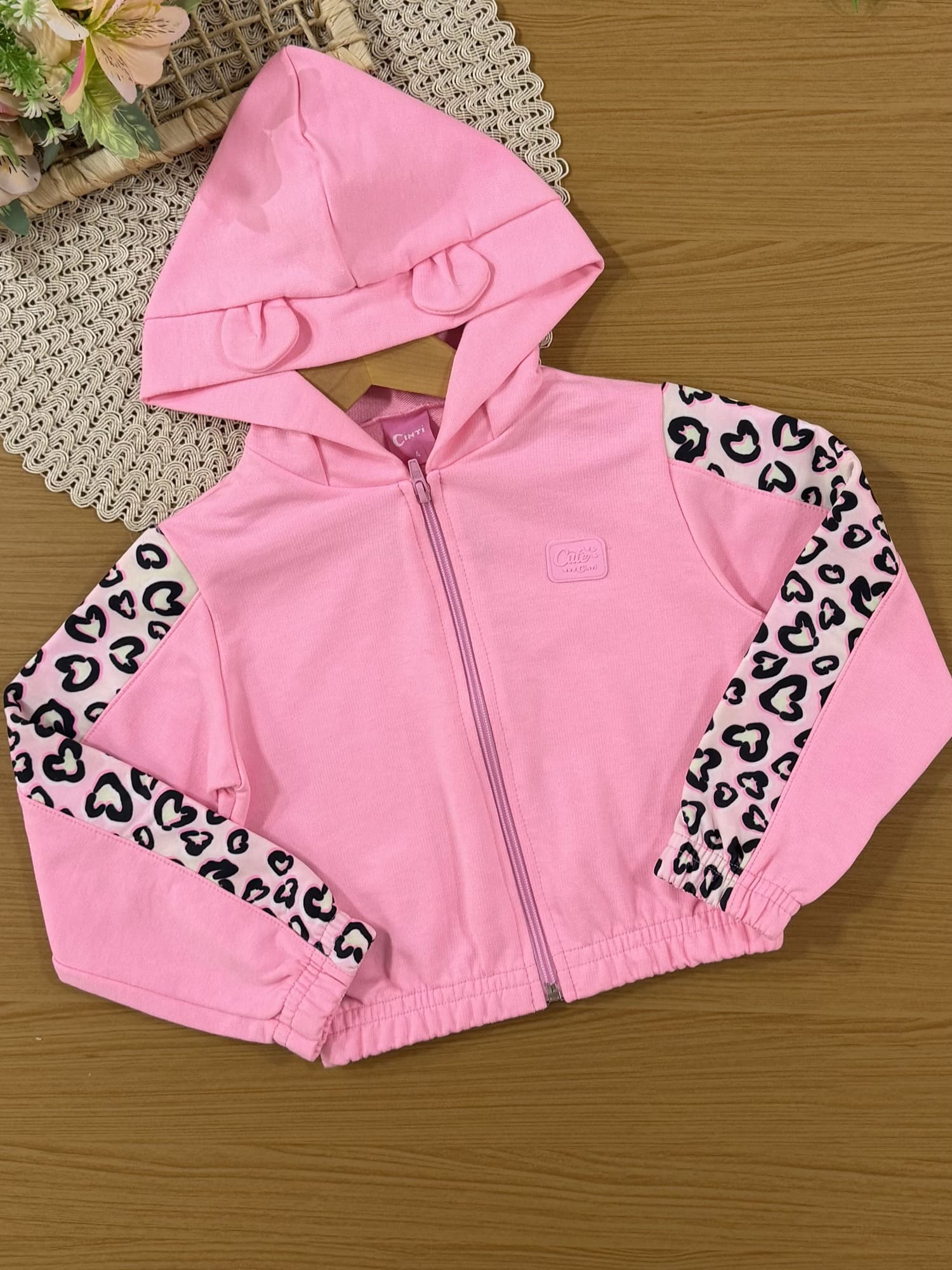 Conjunto Infantil Cinti Inverno com Jaqueta e Calça Rosa Oncinha