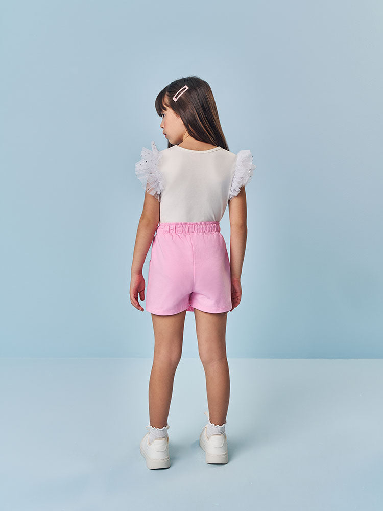 Conjunto Infantil Cinti Verão com Shorts Saia Rosa e Blusa Branca Ursinho com Strass