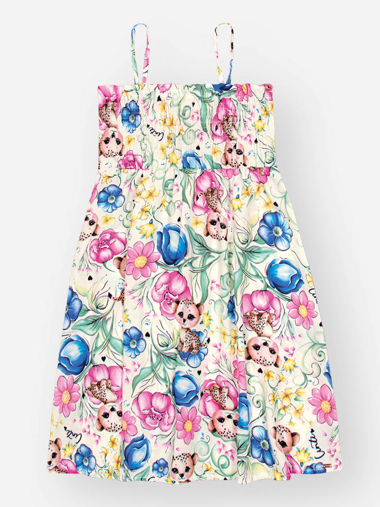 Vestido Infantill Cinti Verão com Alça Branco Oncinha Floral