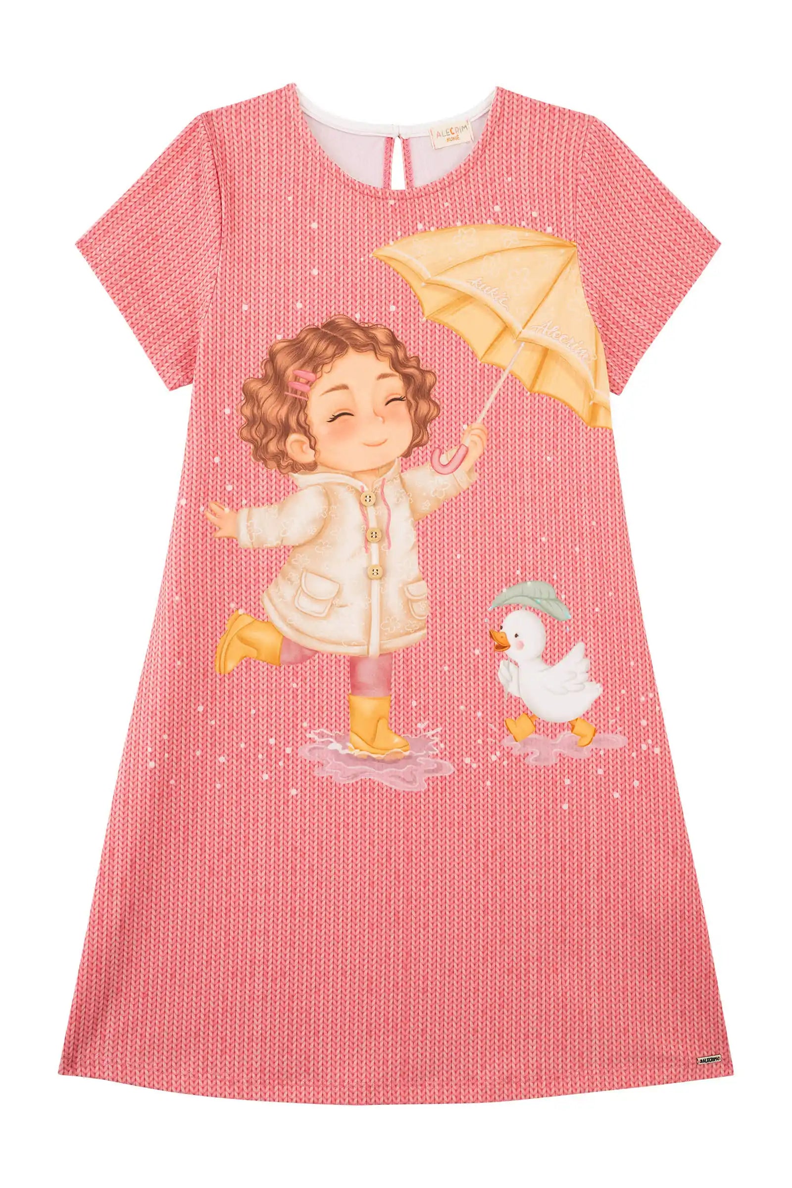 Vestido Infantil Kukiê Inverno Manga Curta Rosa Menininha na Chuva