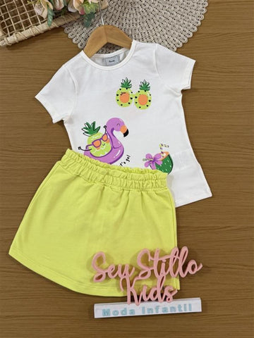 Conjunto Infantil Bimbi Verão com Shorts Saia Verde e Blusa Branca Praia