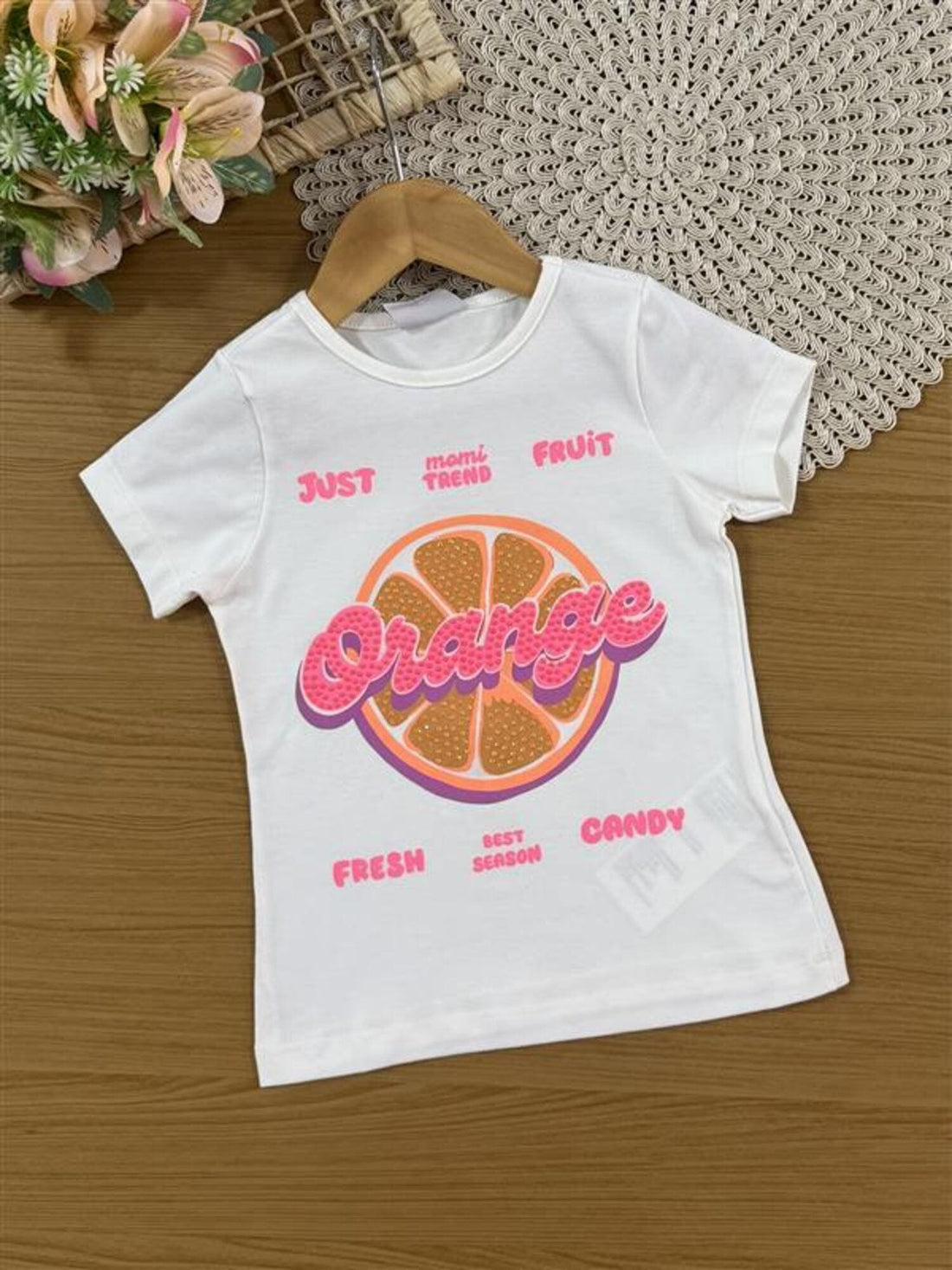 Conjunto Infantil Momi Verão com Shorts Saia Rosa e Blusa Branca Orange